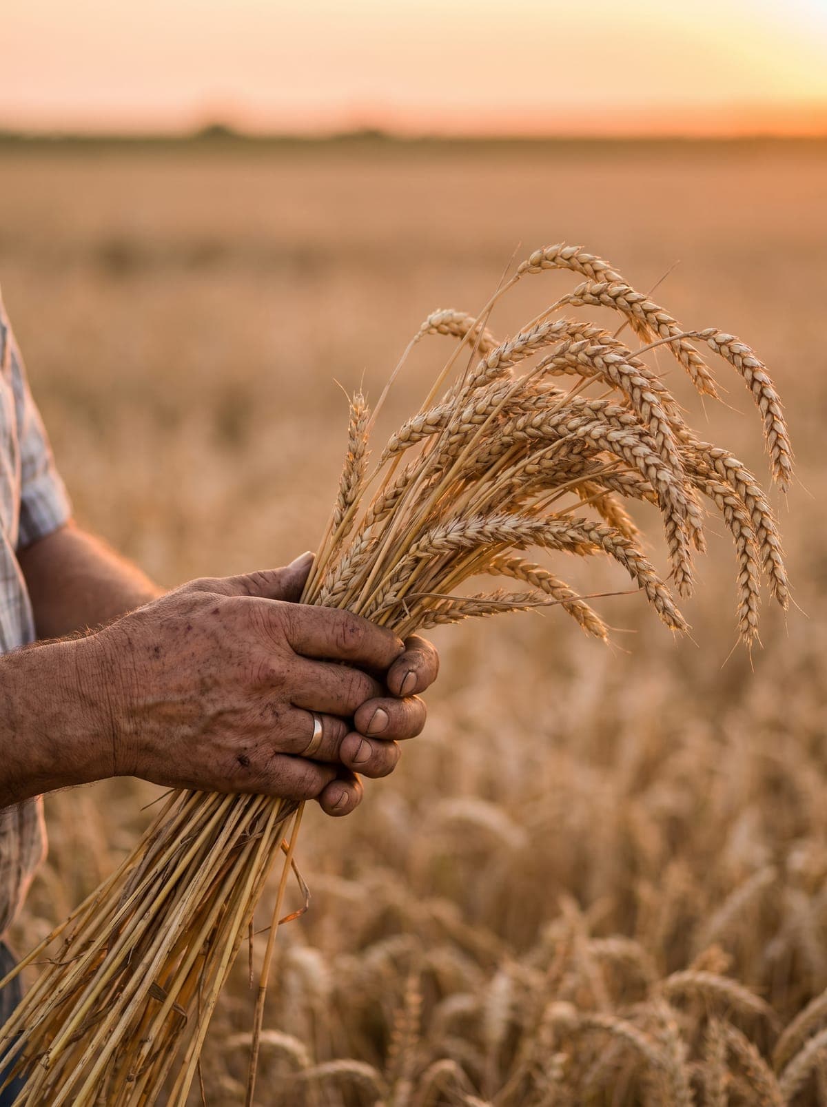 A Kansas farmer’s weathered hands hold a bundle of ripe wheat at sunset.